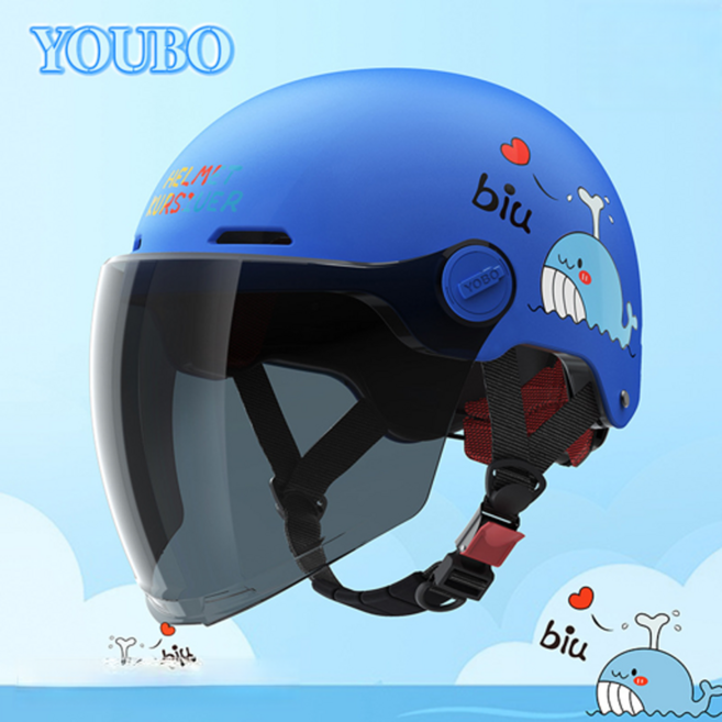 YOUBO 兒童頭盔 適用6-12歲 夏季通風 滑板腳踏車, 藍色鯨魚 - 防曬長鏡