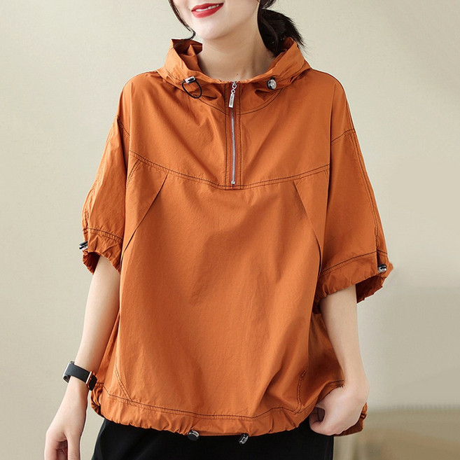 지디오 여성 반팔 후드 티셔츠 반집업 간절기 후드티 중년 아노락 반팔티