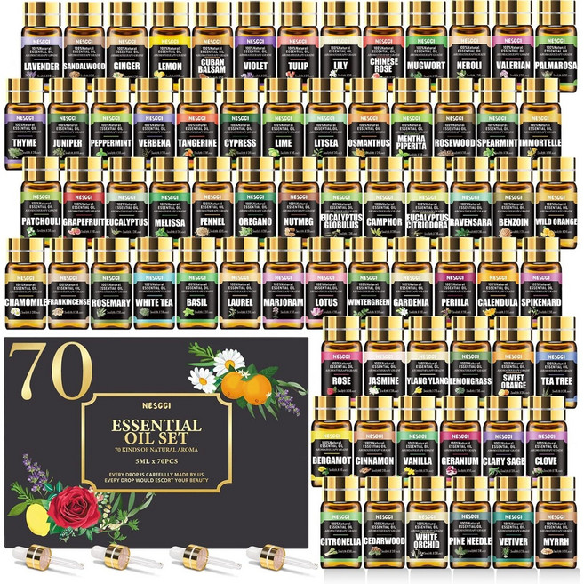 5ml x 70병 100% 천연 에센셜 오일 70개 세트 아로마테라피 NESCCI