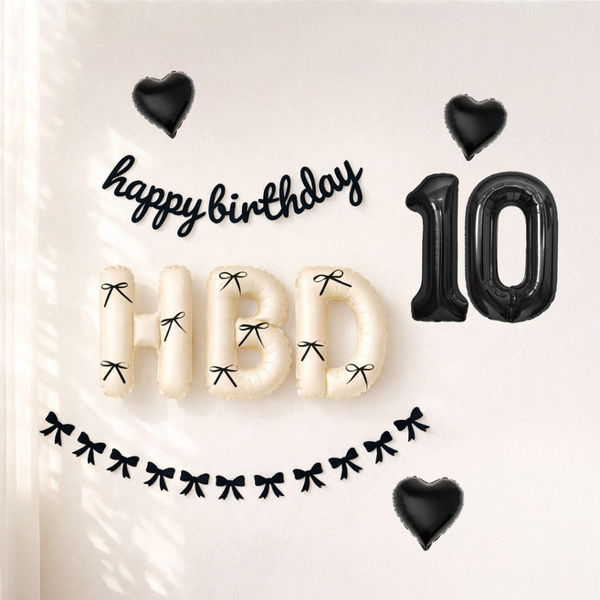 해피제이니 HBD 이니셜 생일 호일풍선 블랙 리본 생일가랜드 파티용품 세트, 1세트, 크림풀세트 숫자10