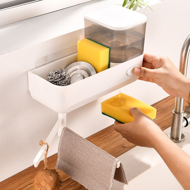 KOEWEI 무타공 벽부착 주방세제 디스펜서 싱크대 수세미거치대, 1개, 화이트+그레이