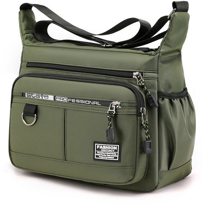 大容量男包單肩包 防水耐磨背包 多口袋商務休閒斜挎包 尼龍斜背包 側背包 肩背包, 可斜背/可側背-軍綠