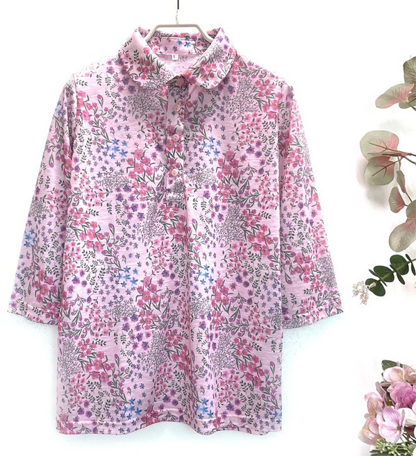 국민할매 국내생산 할머니옷 여름 클레시 면 슬라브원단 안개꽃 7부 카라티셔츠[KH-2509] 요양원옷