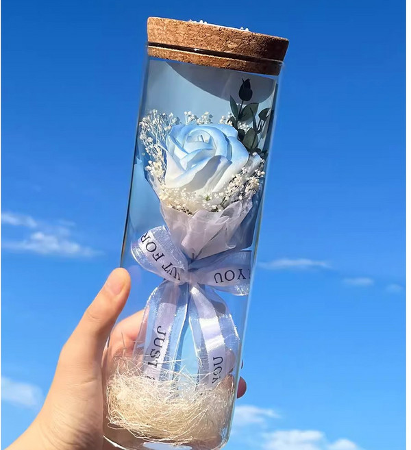 투명 소원병 꽃다발 시들지 않는 꽃 배합 LED무드등 생일 선물 명절 선물, 블루화이트 로즈A
