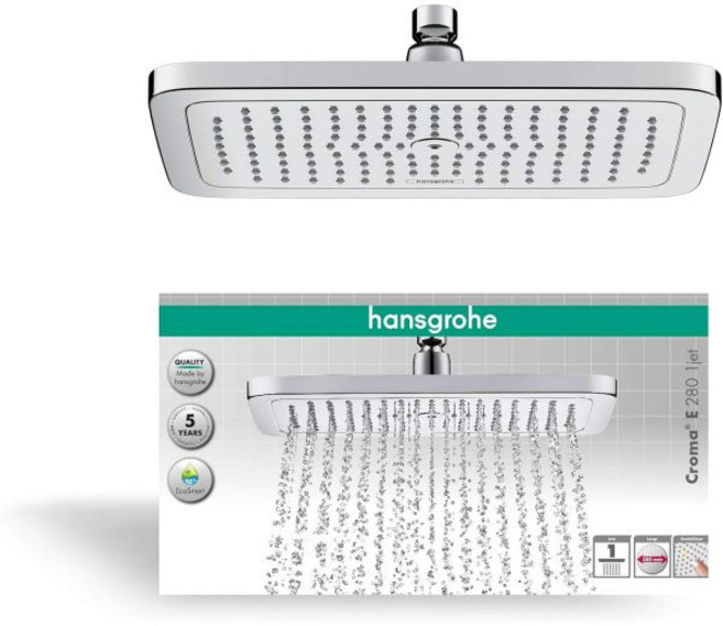 hansgrohe 한스그로헤 크로마 E 26258000 절수 샤워기 에코스마트 사각 280 x 170 mm 레인 1제트 타입 벽 또는 천장 설치용 방지 석회질 기능이 있는, With water-saving function, 1개