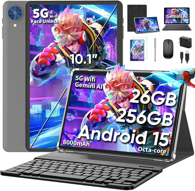 10인치 태블릿 키보드가 있는 2026 안드로이드 15 26GB+256GB+2TB 제미니 AI가 태블릿 PC 옥타코어 8000mAh 5G WiFi 와이드바인 L1, Black