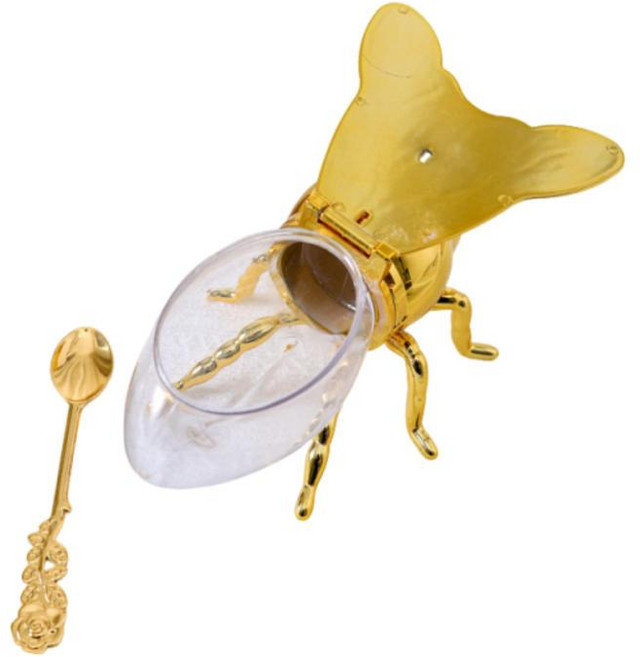 YSSHOP 벌 모양 꿀병 보관 용기 숟가락 장식이 있는 참신한 디자인 주방 이사 선물 저녁 식사용 현대식 용기, 10x15x8.5cm, 금, pp