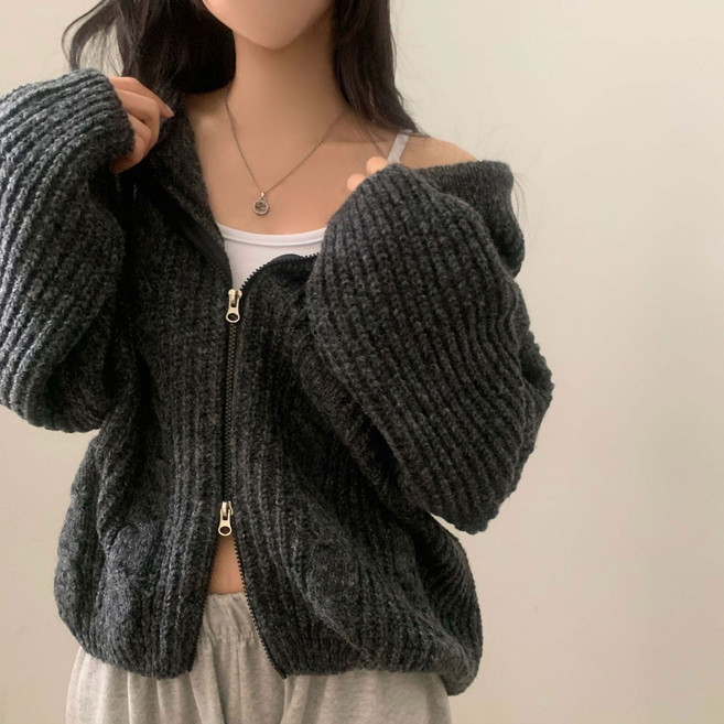 여성 간절기 케이블 오버핏 후드 가디건 클래식 투웨이 후드 집업 니트