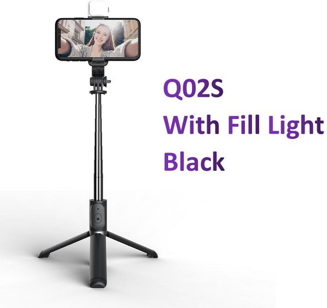 Q02S 블루투스 무선 셀카 스틱 145cm 미니 소형 호환 삼각대 확장 모노 포드 호환 (채우기 라이트 포함) I, Q02S black
