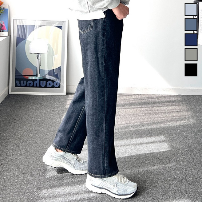 놈시크 남자 와이드 청바지 뒷밴딩 테이퍼드핏 데님 팬츠