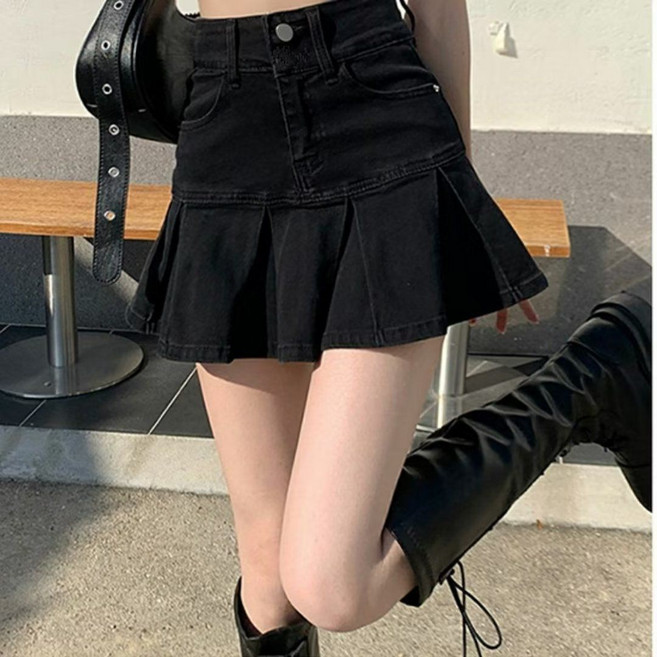 高腰黑色百褶牛仔裙 女夏季A字短裙