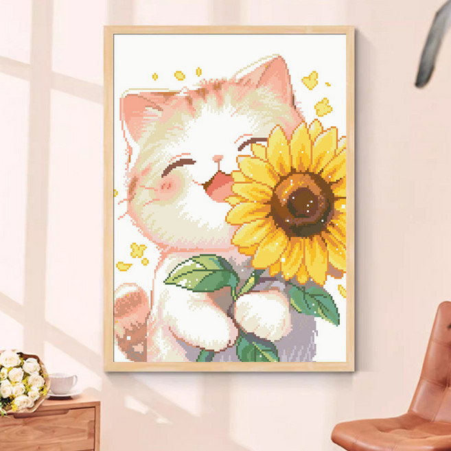 심스타 실십자수 해바라기든 고양이 귀여운 도안 세트 패키지, 1세트, 40x50cm 면사 3가닥자수