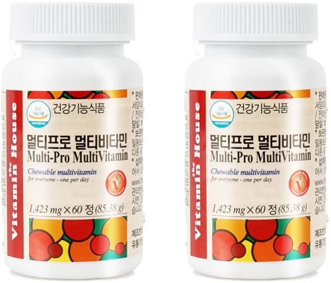 멀티비타민 종합비타민 미네랄 영양제 츄어블 씹어먹는 남자 여자 가족 임산부 청소년 어린이 비타민C 비타민B 비타민D 나이아신 비타민E 츄잉, 60정, 2통 - 쿠팡