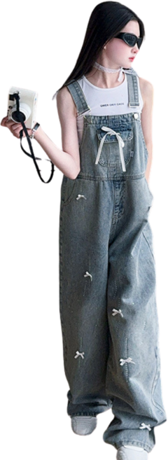 삐삐네옷가게 여아 리본 포인트 와이드 데님 멜빵