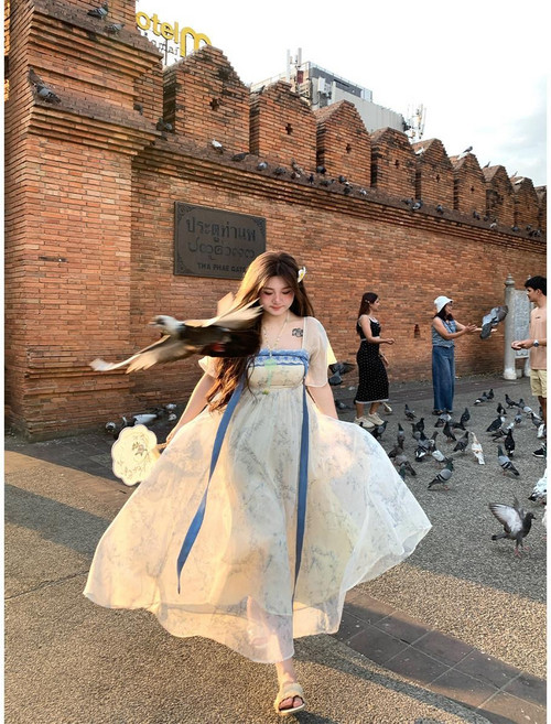 여름 자수 한복 스타일 여성용 대형 사이즈 국풍 원피스, 살구베이지