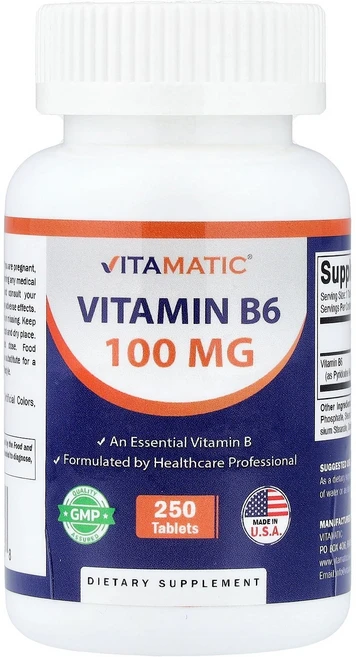 비타매틱 비타민B6 피리독신 100mg 250정, 1개 - 쿠팡