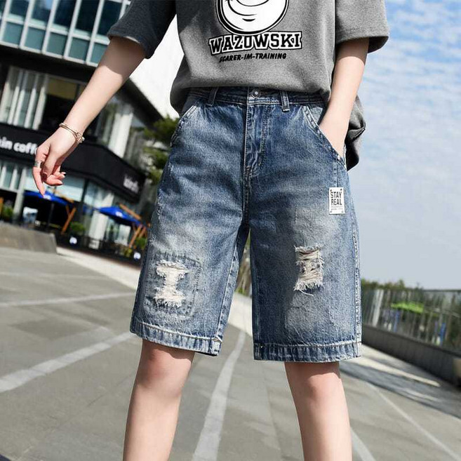 WEIHAN 여성 와이드 데미지 데님 반팬츠 캐주얼 여름 하이웨스트 찢어진 청반바지