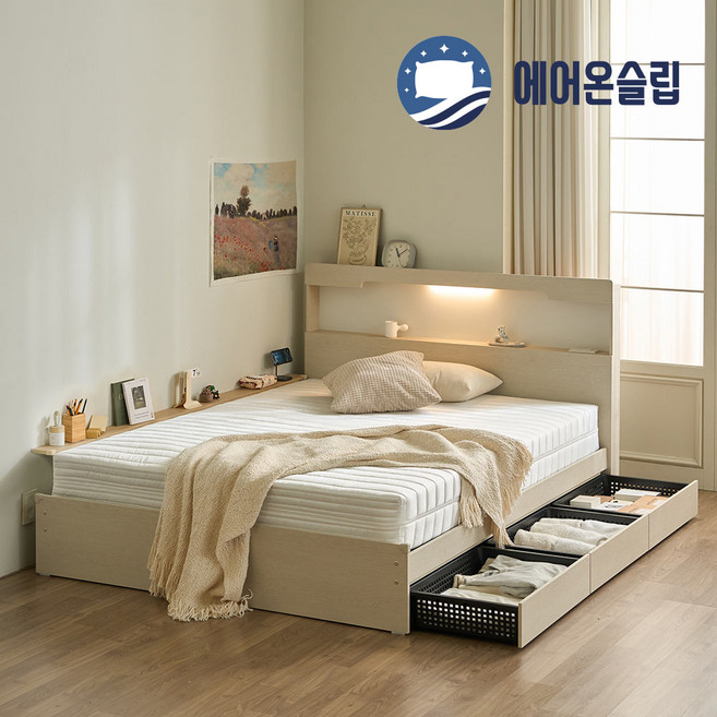 100%국내생산 친환경E0 3서랍LED프레임+사이드선반+양면본넬매트 엘루인침대 S SS Q, 프레임+본넬매트리스, 그레이