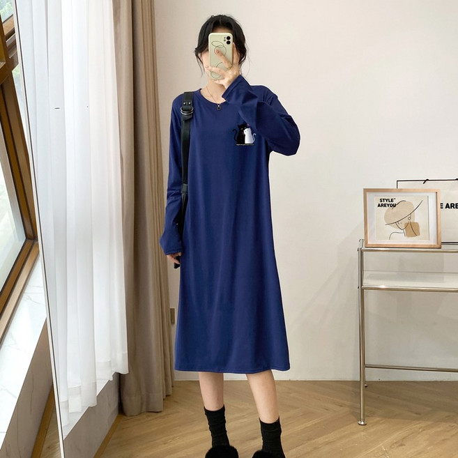 스타일아유 여성용 빅사이즈(66~99) 오버핏 귀여운 작은 고양이 롱원피스 홈웨어 롱티 OP1563