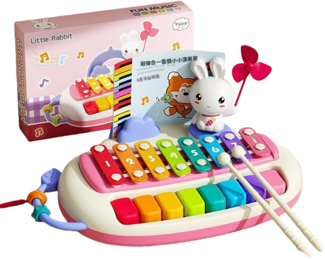 Yisbro 兒童八音手敲琴 啟蒙音樂玩具 培養節奏感與手眼協調, 1個, 兔子八音琴, 粉色