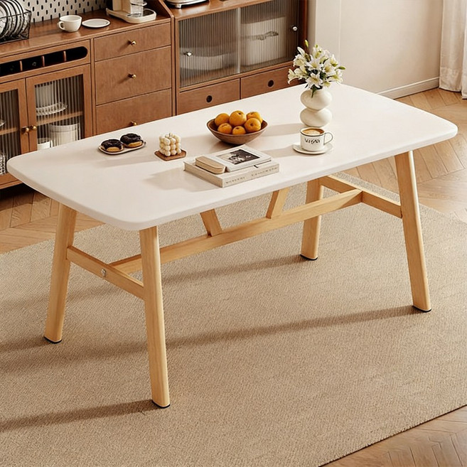 SeekFun 원목 식탁 4인용 식탁 거실 테이블 북유럽 스타일 좌식테이블 K형 프레임 120cm 밥상, 화이트