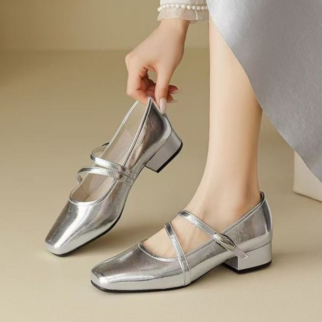 슈엔룩 은색 실버 여성 메리제인 슈즈 키높이 미들힐 단화 플랫 구두