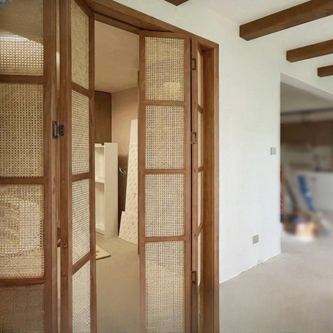 등나무 원목 접이식 미닫이문 슬라이딩 도어 칸막이 일본식 폴딩도어 맞춤제작, 0.6-0.8 미터 너비, 크림색