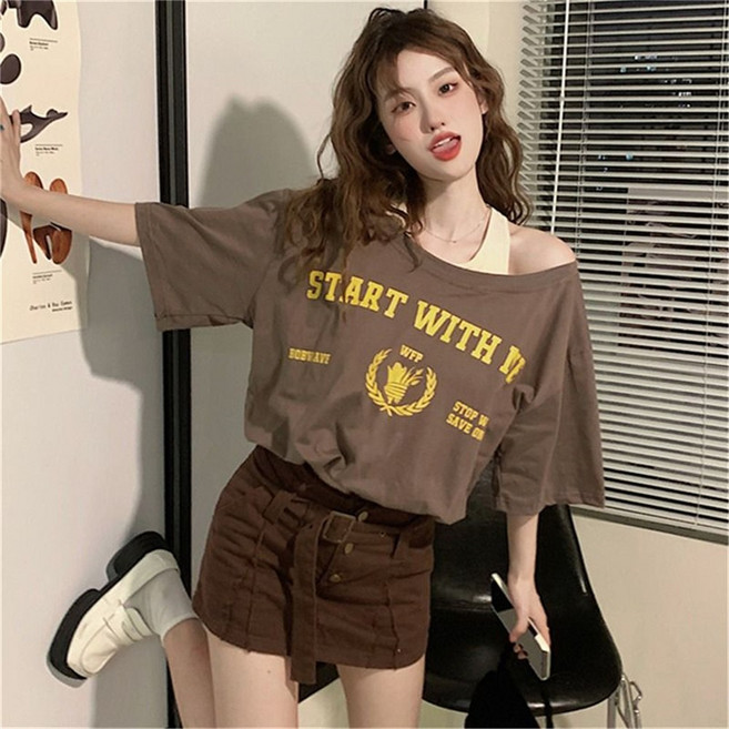 besteffie 여성 여름 캐주얼 프린트 박스 티셔츠 루즈핏 반팔티 스판 기본 면티 크롭탑 K71