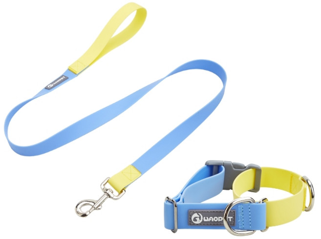 호코펫 강아지 산책 방수줄 PVC 리드줄 + 목줄, 블루옐로우