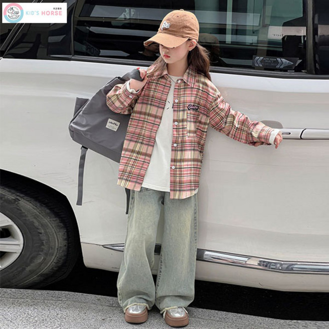 키즈목마 여아 주니어 봄 가을 캐주얼 체크 셔츠 초등학생 포켓체크 데일리 남방 866