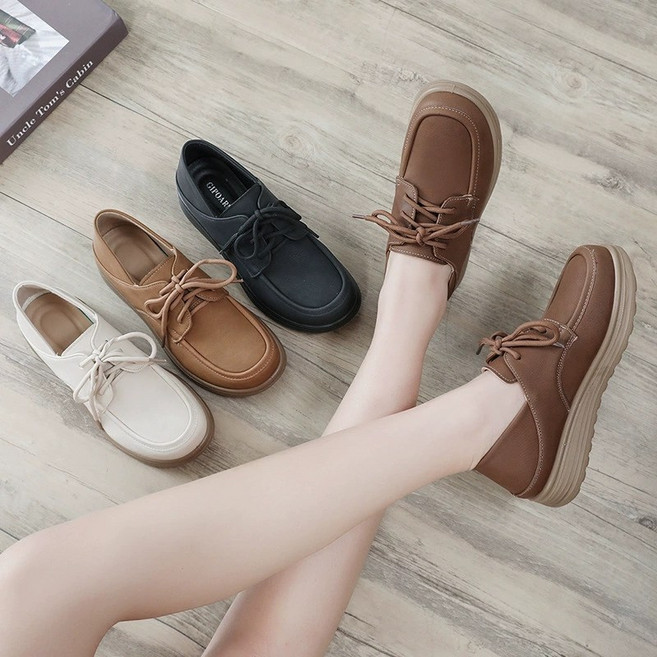 BLACK K7 여성 단화 발편한 레더 통굽 로퍼 구두 3CM키높이