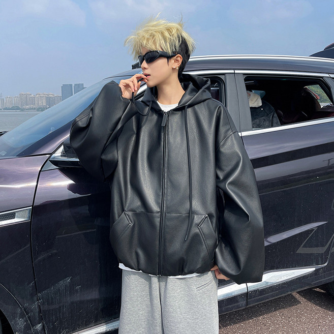 FINE ART 남성 빅사이즈 라이더자켓 오버핏 PU 가죽 자켓 캐주얼 항공점퍼 봄가을 블루종 코트