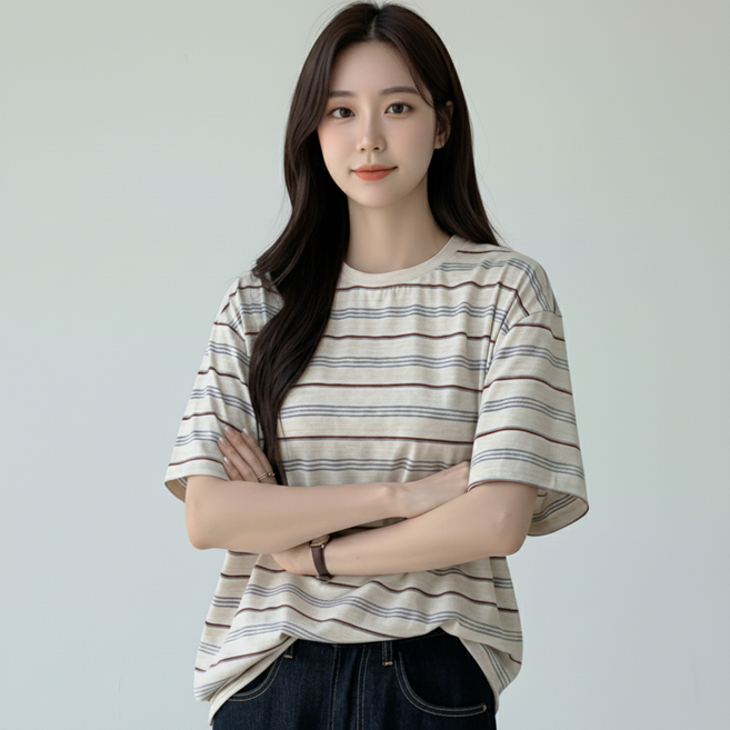 온기올라 릴렉스핏 면 스트라이프 반팔 티셔츠