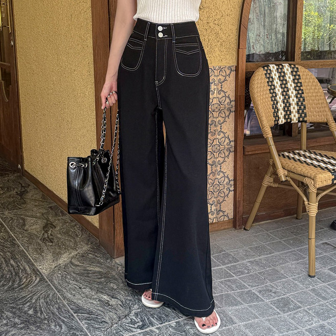 떳다그녀 블레일 투버튼 스티치 배색 하이웨스트 세미부츠컷 청바지 여름 데일리룩 와이드 데님팬츠