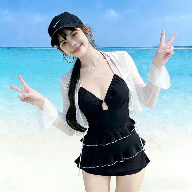 連體裙式泳衣 保守顯瘦遮肉 海邊度假溫泉適用, 黑色,L建議50.0 55.0公斤