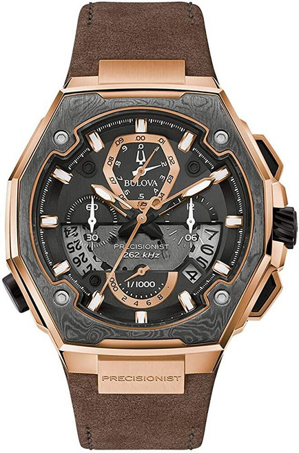 Bulova 남성용 시리즈 X 고정밀 쿼츠 크로노그래프 시계 사파이어 크리스탈 연속 스위핑 중고 로즈 골드/브라운 가죽 스트랩 Precisionist 크로노그래프 투톤