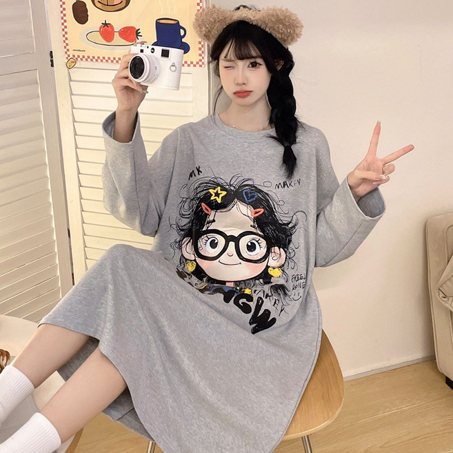 코코드림 여성용 통통 빠마머리 빅사이즈 오버핏 긴팔 원피스 잠옷