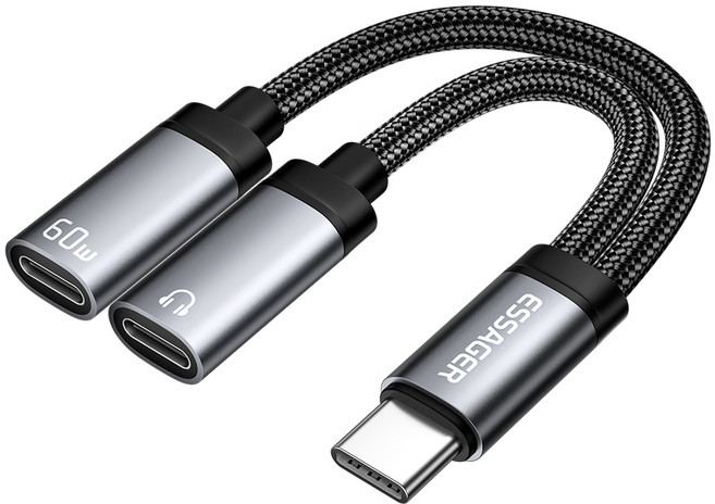 Essager PD 60W C타입 마이크 이어폰 고속 충전 듀얼 젠더 3.5mm 연결 잭, 1개