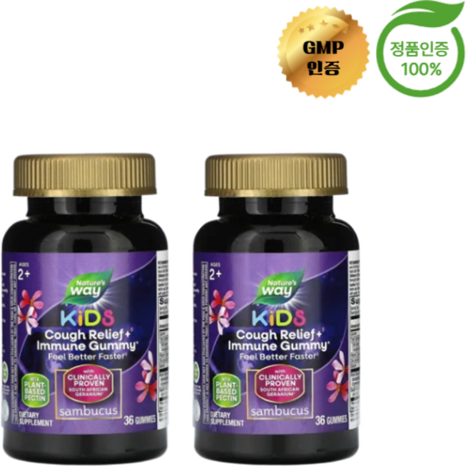 1+1 네이처스 웨이 어린이용 기침 완화 + 면역력 증진 비타민C 아연 블랙 엘더베리 2세 이상 구미젤리 36정, 2개