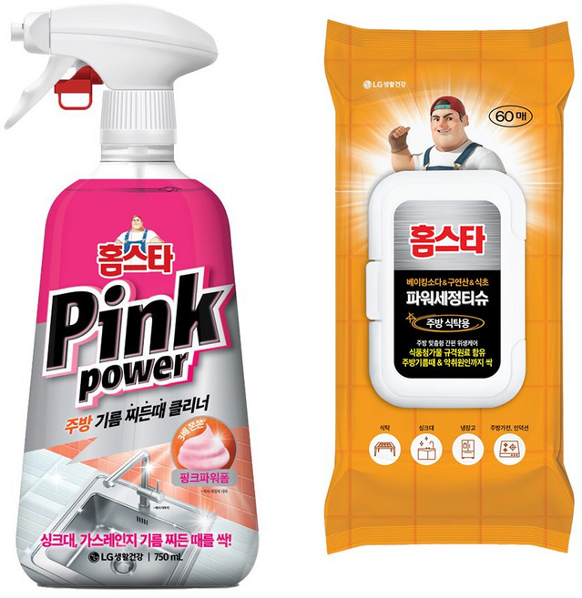 홈스타 핑크파워 주방 기름 찌든때 클리너 750ml + 세정티슈 주방식탁용 60매, 1개