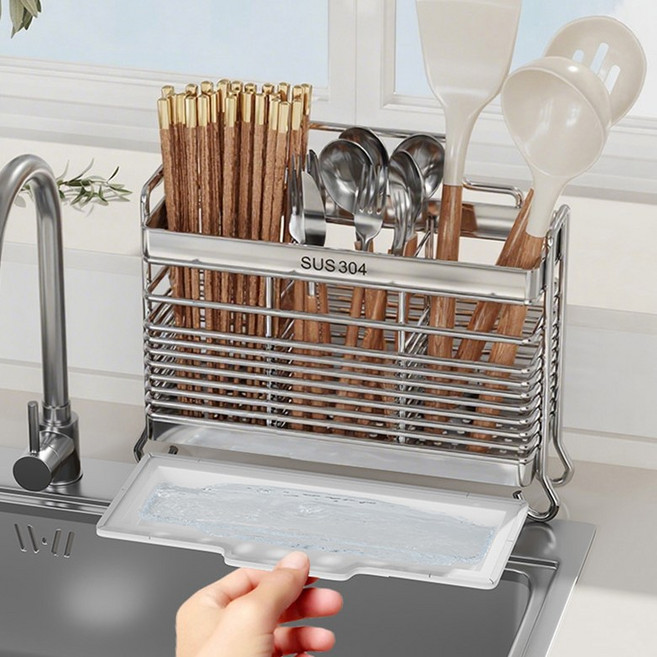 Teeyoo 주방 SUS304스텐 3구 물빠짐 수저통, 1개, 은색