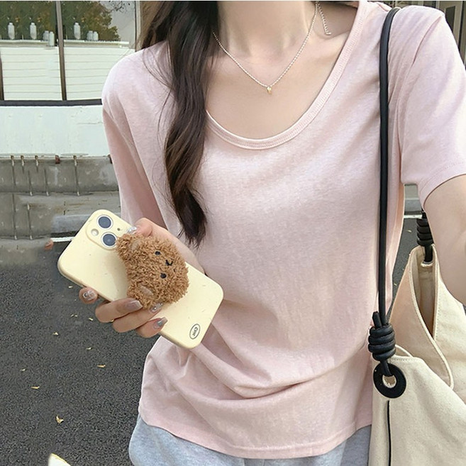 FANSYLI 여름 반팔티셔츠 여성 솔리드 U넥 기본 이너티셔츠 패션 슬림핏 데일리 상의 W2507J01