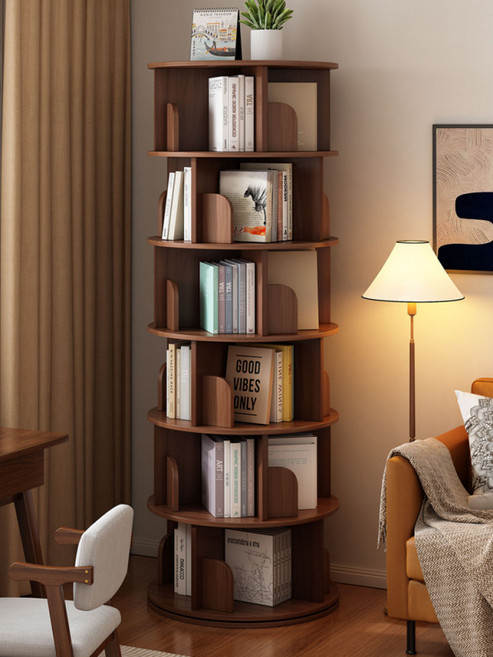 360도 회전책장 책꽂이 선반 거실 수납 슬라이딩 원형 따뜻한 흰색 5단, 1단, 45cm 5층 전나무 호두나무 바퀴