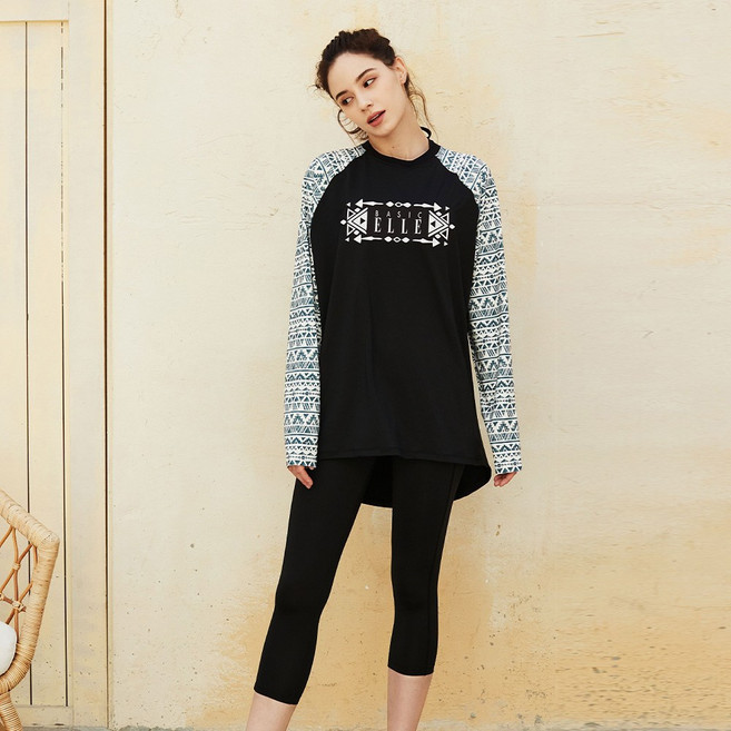 베이직엘르 여성용 롱 루즈핏 나그랑 래쉬가드 워터레깅스 세트 BEL-V201K, 혼합색상