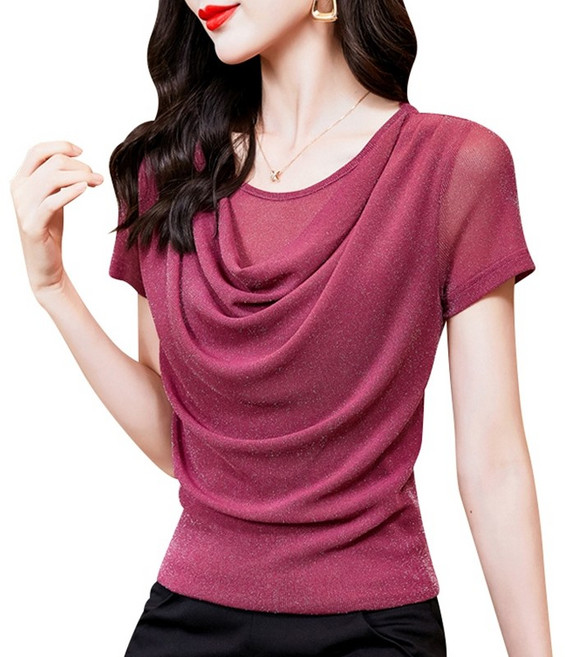 여성 글리터 펄 셔링 라인 댄스복 반팔 티셔츠 라틴 재즈 밸리 줌바댄스 스포츠댄스복 상의, 로즈우드