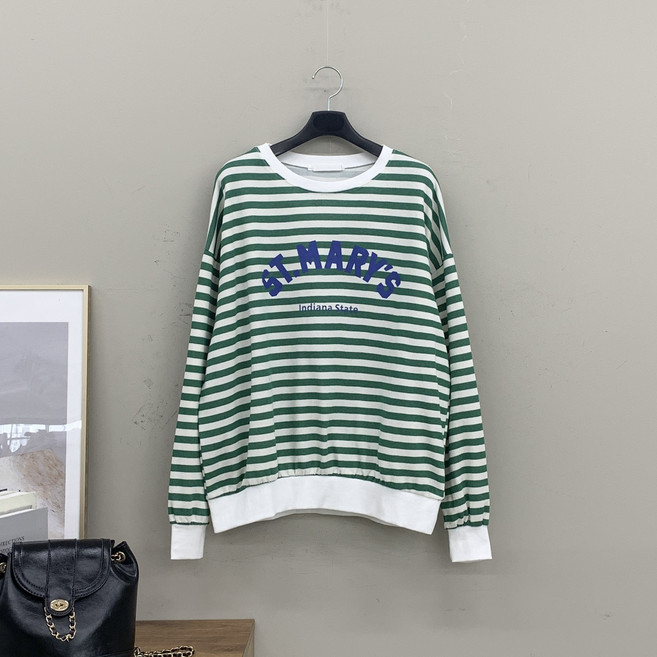 [행복여] 마리즈 소매 패치 포인트 스트라이프 맨투맨 티셔츠