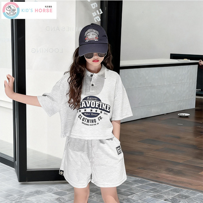 키즈목마 2025 봄 여름 여아 카라티셔츠+반바지 상하복 주니어 초등학생 캐주얼 반팔 반바지 상하의세트 593