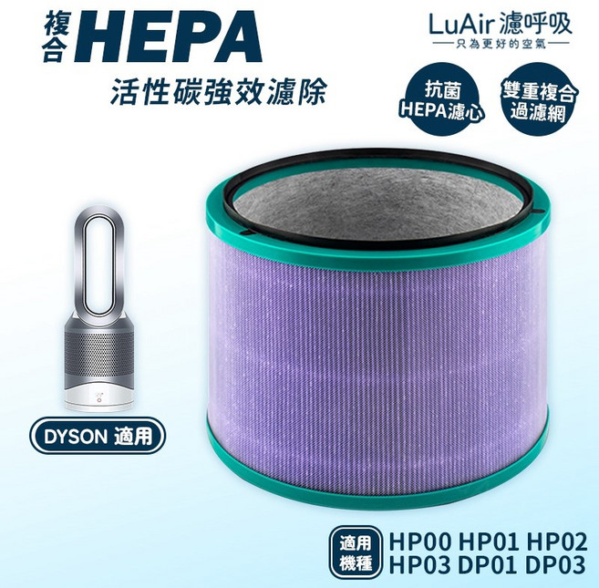 LuAir 複合HEPA活性碳濾芯 適用Dyson HP系列 DP系列 高效淨化濾網, 1個, HEPA 抗菌濾芯 高效過濾款 兩片