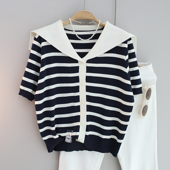 달콩 여성 여름니트 스트라이프 카라니트 썸단가라세일러카라반팔가디건