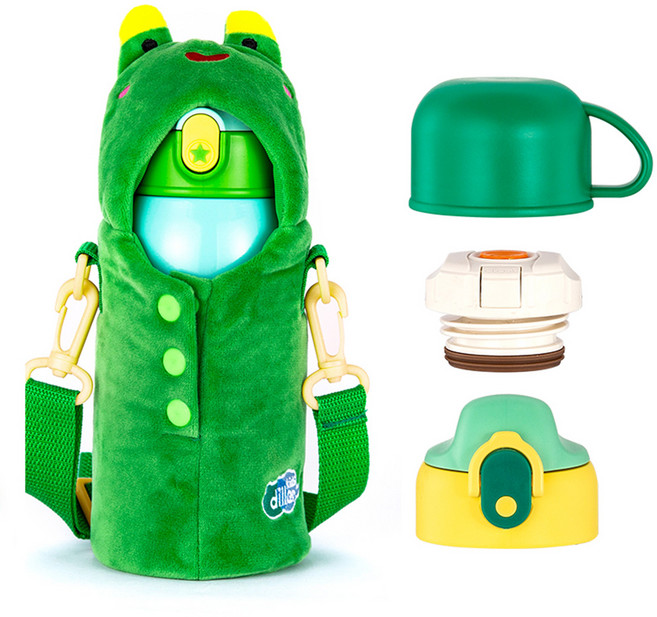 캐리보틀 키즈 스테인레스 스틸 보온보냉 빨대컵 3in1 그린/개구리 600ml 애니멀파우치 주머니 어깨끈물병 아동용 물통, 그린, 1개
